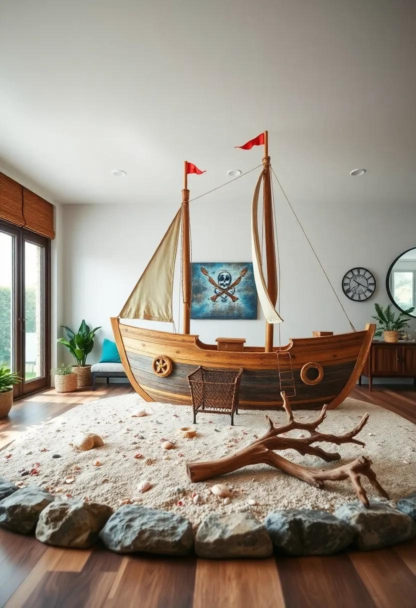 Surrounding The Play Ship With A Miniature Beach Setting Featuring Sand, Shells, And Driftwood