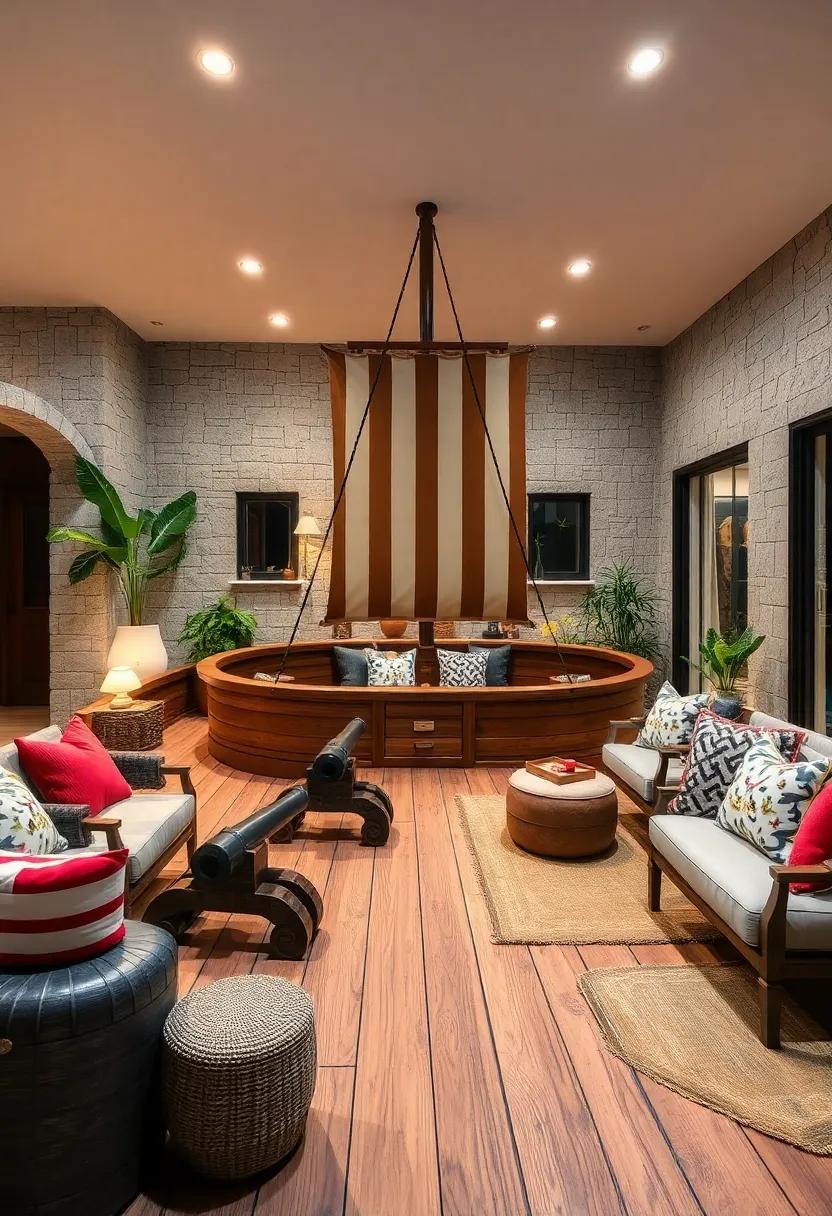 Showcasing A Pirate-Themed Climbing Net Twisting Around The Ship Mast Against A Clear Blue Sky