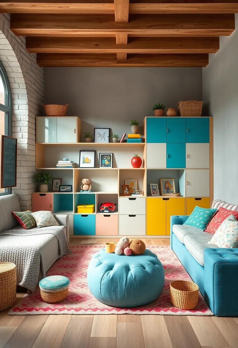 Eclectic Kids Room Storage Using Brightly Colored Modular Units and Whimsical Toy Baskets