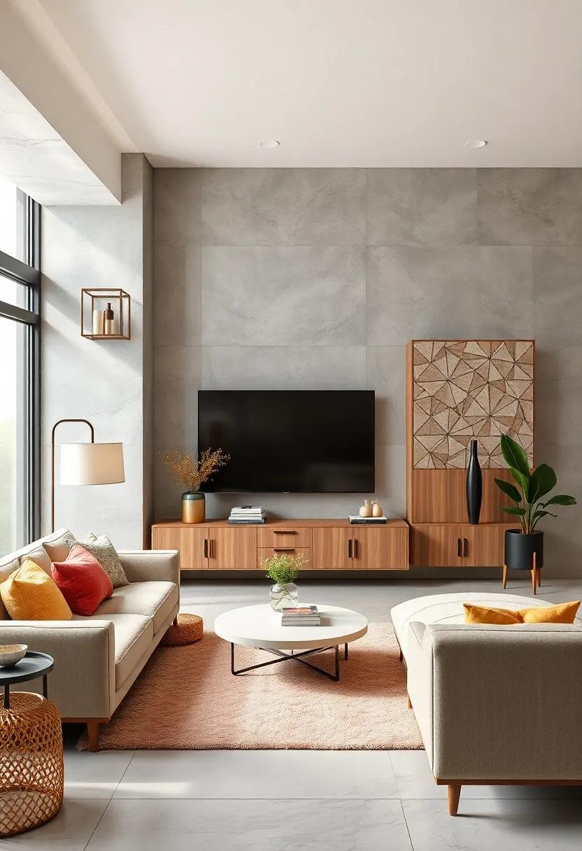 Mid-Century Modern Style Storage Featuring Geometric Patterns on Slim Wall Mounted Cabinets