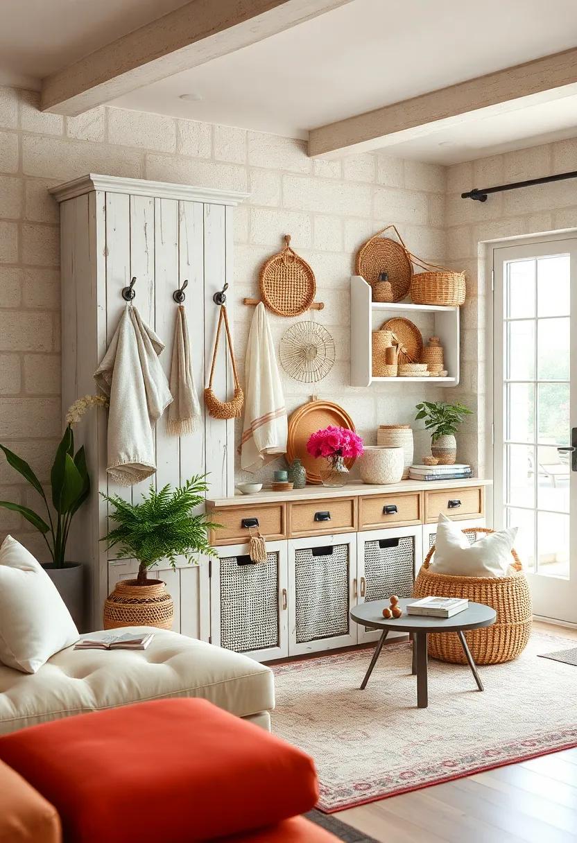 Coastal Eclectic Storage with Whitewashed Driftwood Cabinets, Nautical Rope Hooks, and Soft Linen Baskets