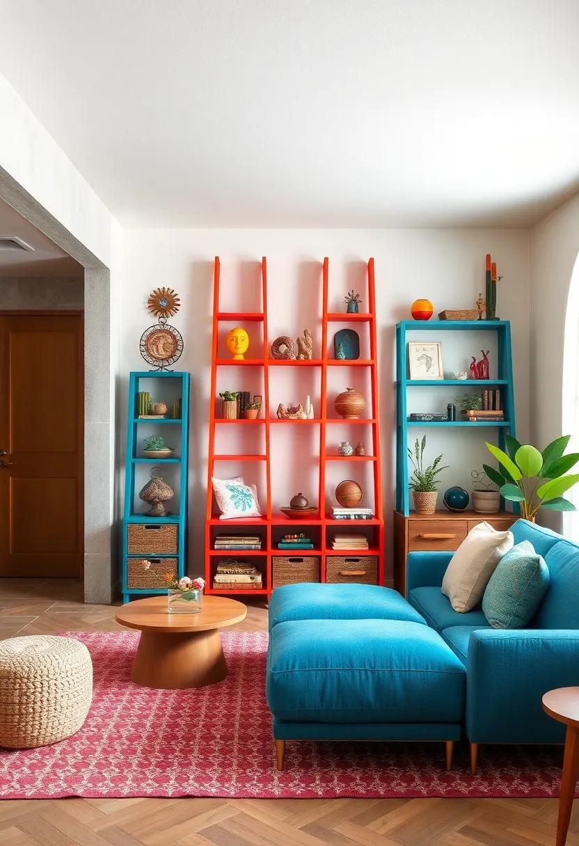 Whimsical Storage Displays Combining Brightly Painted Ladder Shelves with Eclectic Artifacts