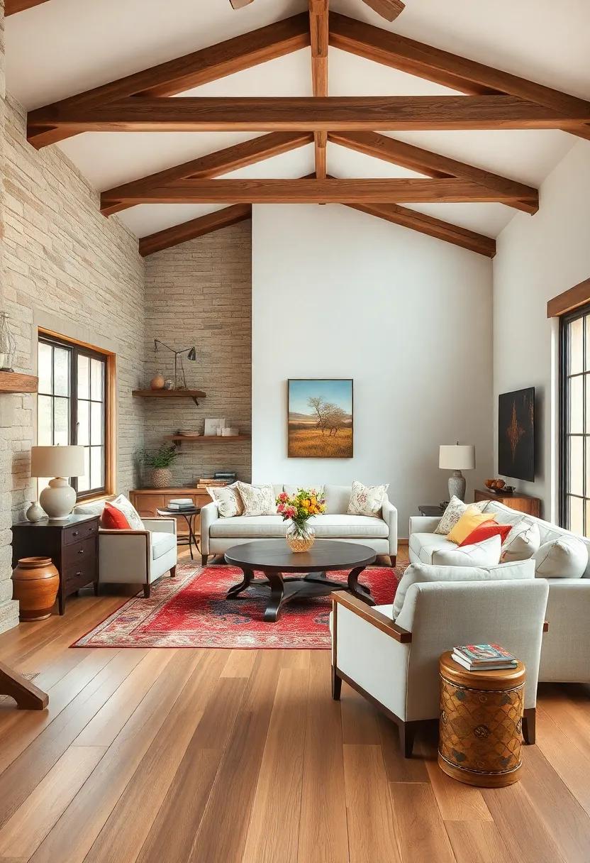 Warm Rustic Charm With Exposed Beams and Natural Wood Floors in a Farmhouse Living Room
