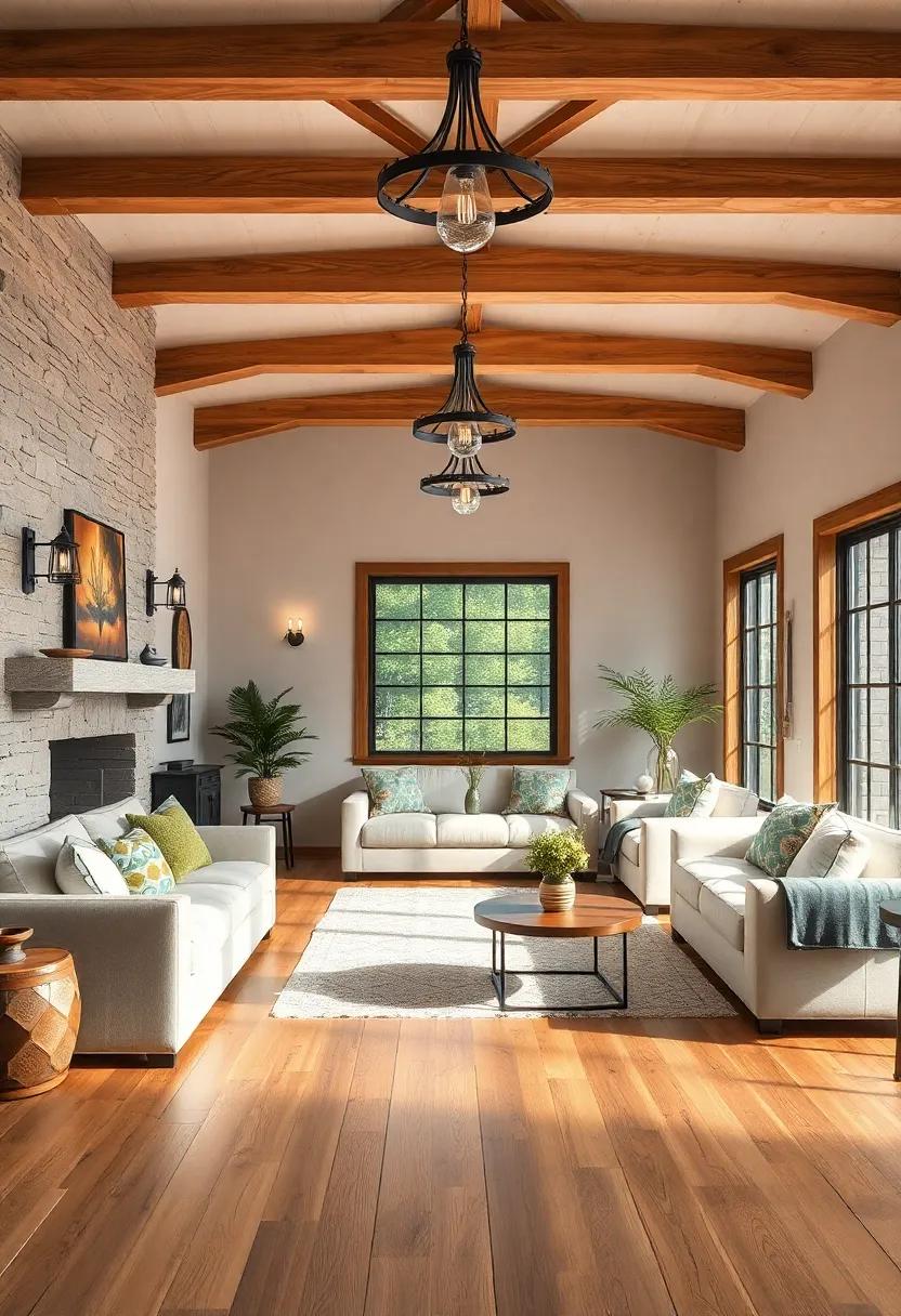Antique Farmhouse Lighting Fixtures and Natural Wood Floors Illuminating a Comfortable Living Area