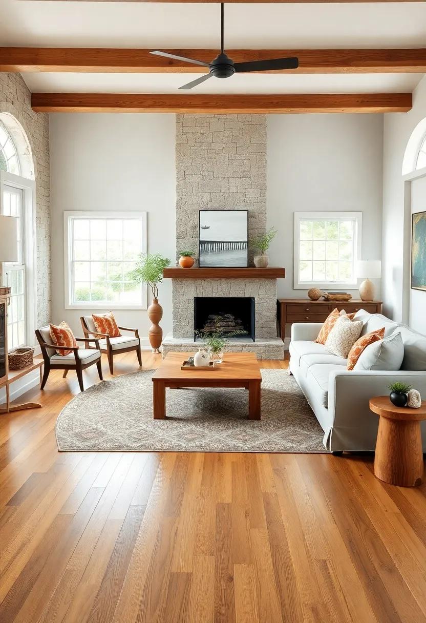 Farmhouse Living Room Featuring Natural Wood Floors Paired With Cozy Linen Upholstery and Rustic Décor