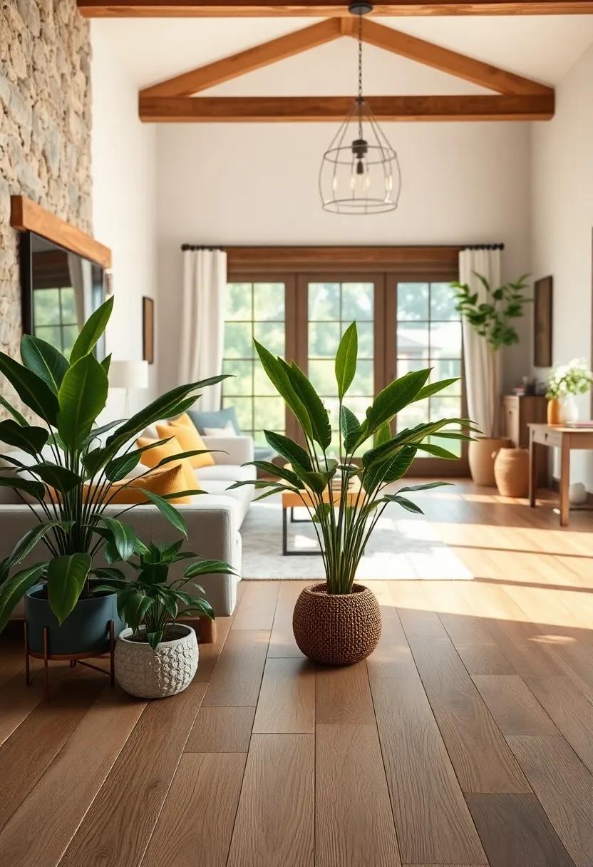 Earthy Green Plants Placed Near a Natural Wood Floor in a Serene Farmhouse Living Environment