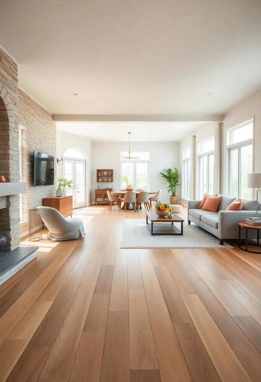 Open Floor Plan Emphasizing Natural Wood Floors Connecting Living and Dining Areas With Farmhouse Flair