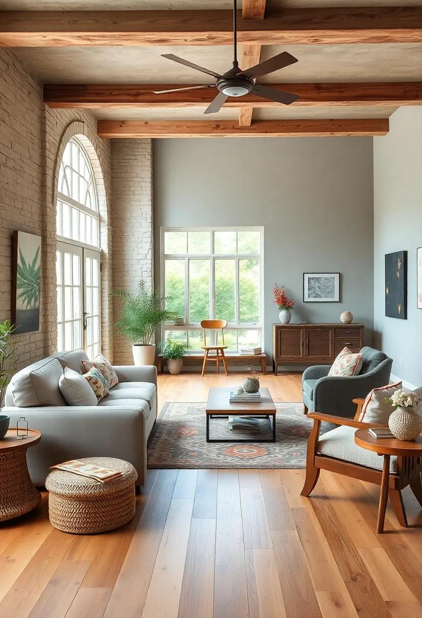 A Farmhouse Living Room Embracing a Mix of Antique and New Furnishings Over Natural Wood Flooring