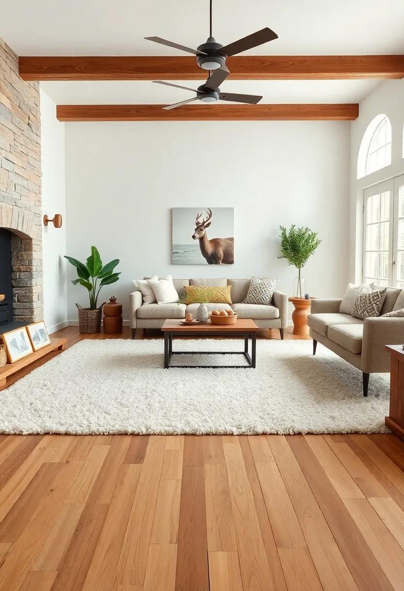 Plush Wool Rugs Layered Over Natural Wood Floors Creating a Warm and Inviting Farmhouse Ambiance
