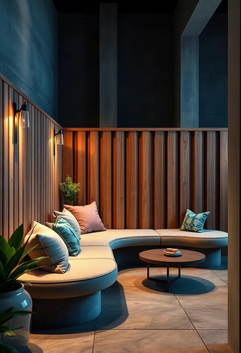 Cozy Nooks Created by Curved Benches Built Into Wooden Fence Panels Under Soft Ambient Lighting