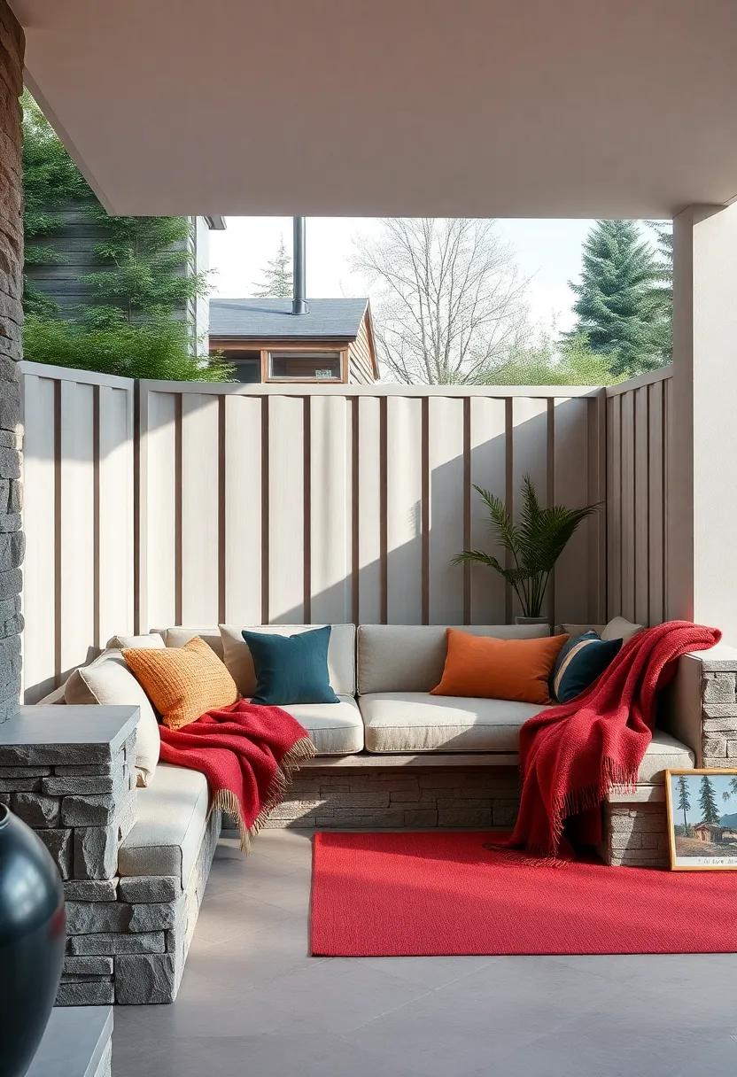 Innovative Corner Fence Units Featuring L-Shaped Bench Seating Wrapped in Cozy Throw Blankets