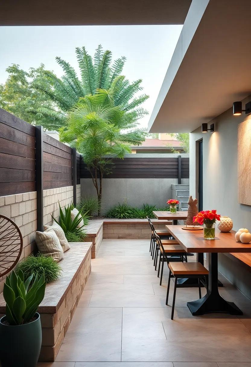 Seamless Outdoor Dining Areas Incorporated Alongside Fence Benches for Casual Entertaining