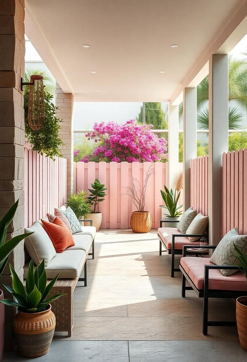 Soft Pastel Fence Colors and Matching Cushioned Benches Evoking Serene Coastal Garden Atmospheres