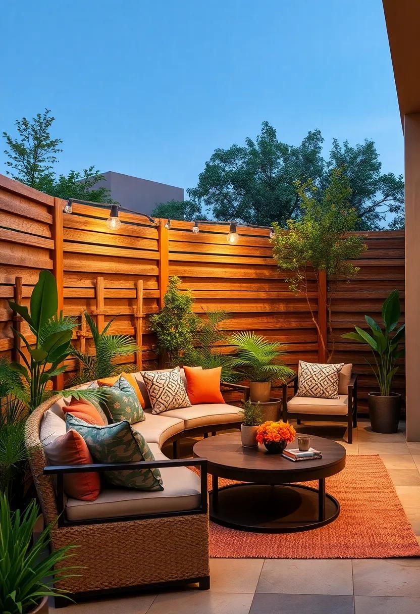 Warm Earth Tones and Natural Textures Blending Fence and Seating into a Harmonious Outdoor Space