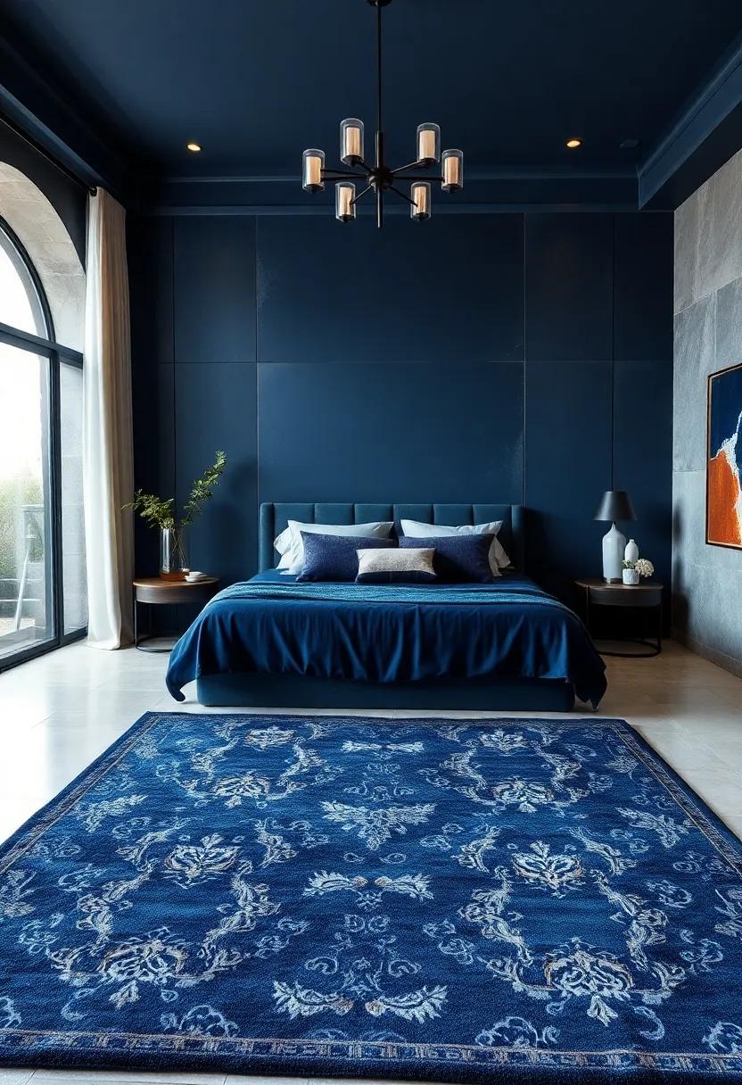 Soft Navy Blue Rugs With Intricate Patterns Ground The Bedroom In Elegance And Comfort