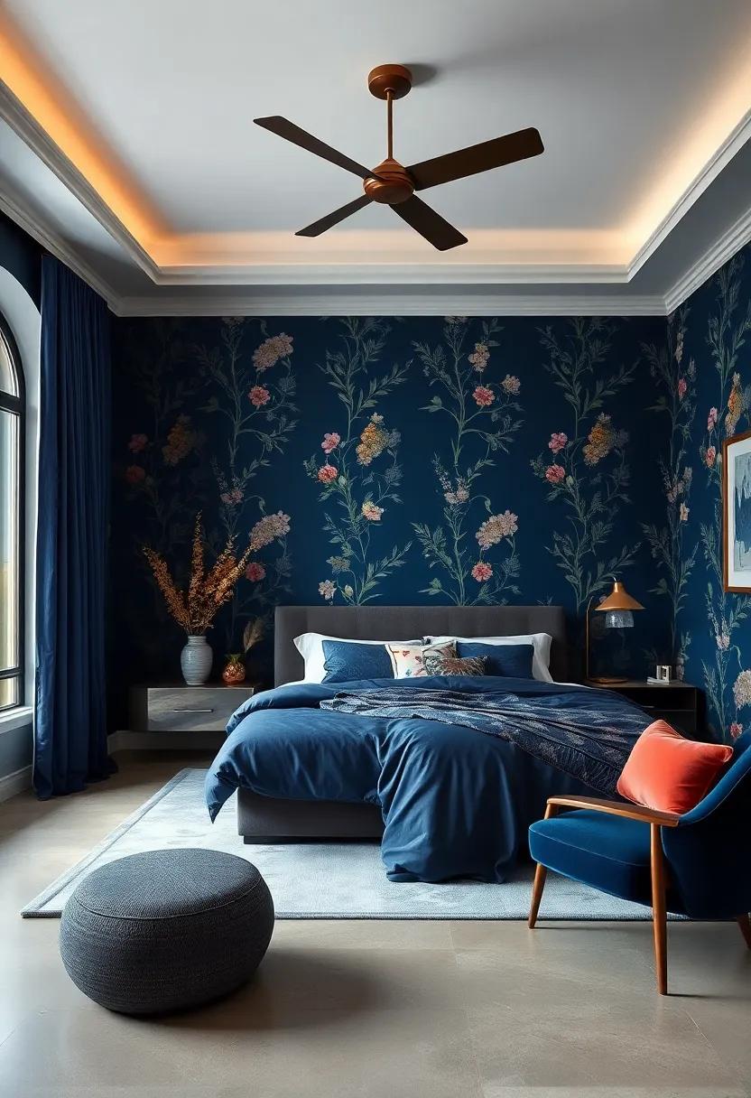Incorporating Botanical Prints And Navy Blue Wallpapers For A Fresh And Timeless Bedroom Design