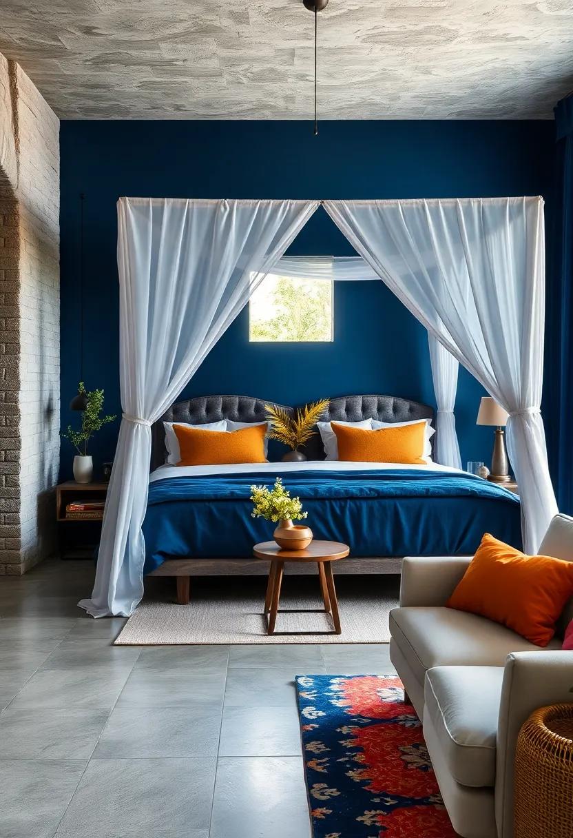 Navy Blue Canopy Beds Draped With Light Fabrics For An Airy Yet Sophisticated Ambiance