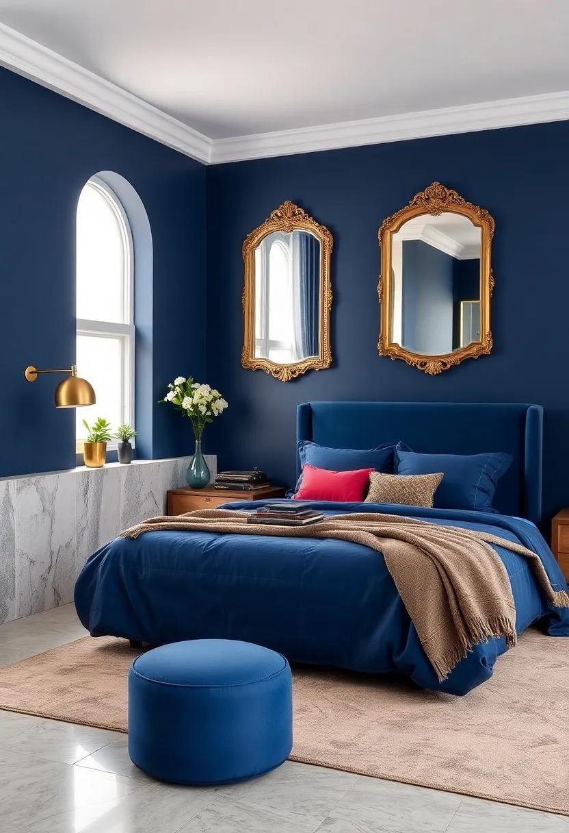 Incorporating Brass Accents And Vintage Mirrors To Enhance The Luxurious Feel Of Navy Blue Interiors