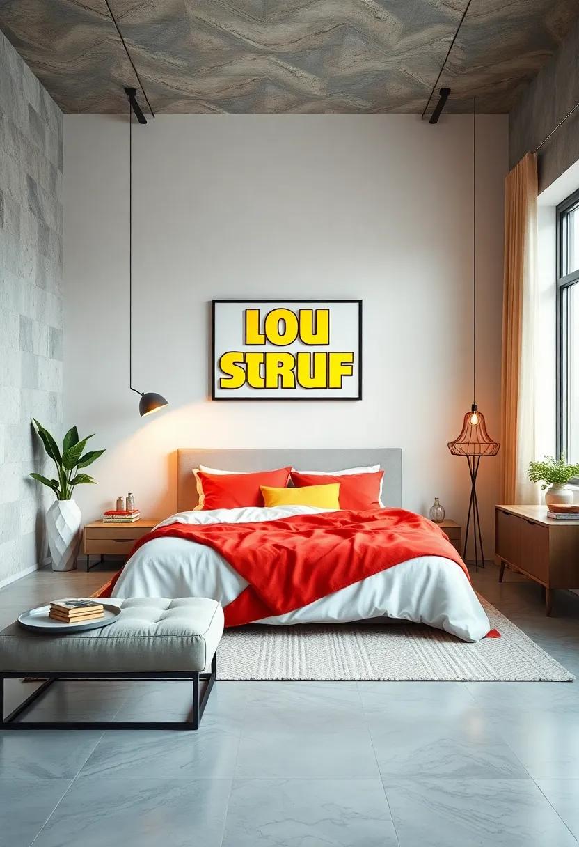 Playful Typography Art in Bold Fonts and Primary Colors Complementing a Minimalist Bedroom Setting