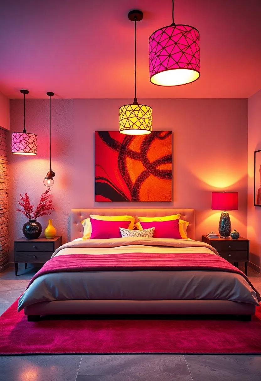 Bright Pop-Art Lighting Fixtures Casting Playful Shadows Through Bold, Patterned Lamp Shades