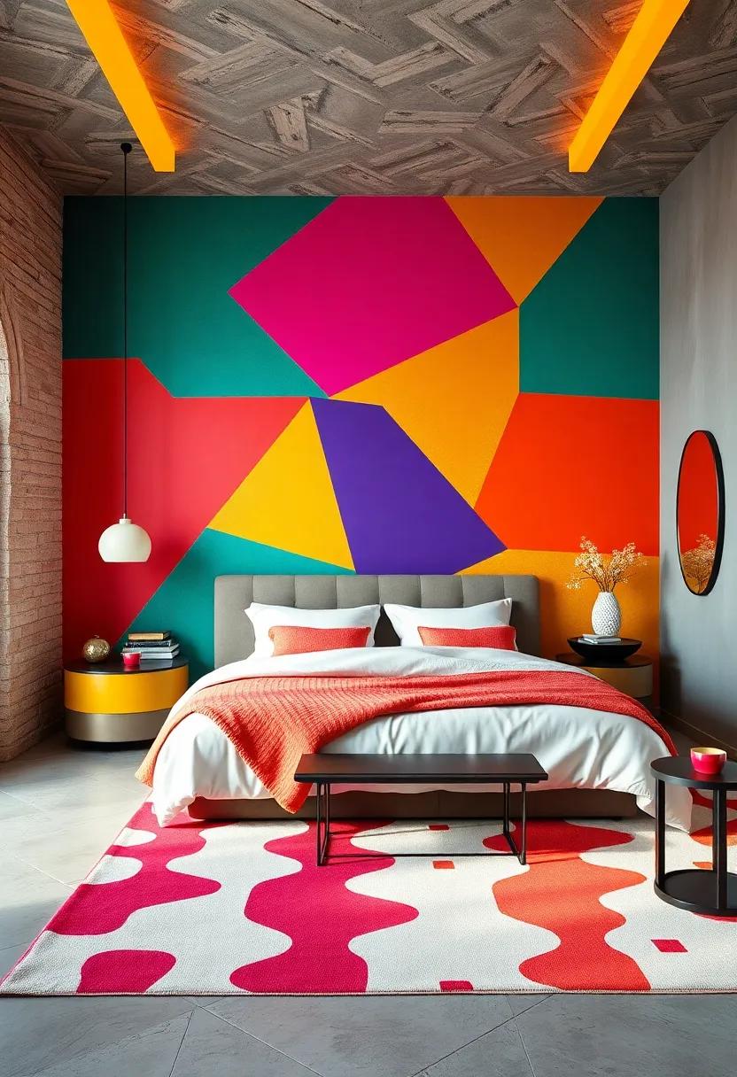 Dynamic Geometric Patterns Featuring Bright Contrasts and Playful Shapes for a Pop-Art Inspired Room