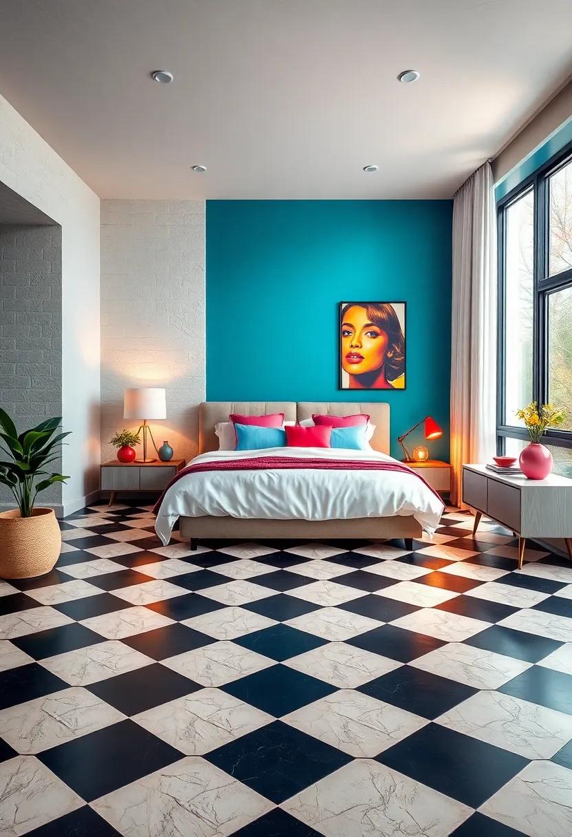 High-Contrast Checkerboard Floor Patterns Juxtaposed with Lively Wall Art for a Bold Visual Statement