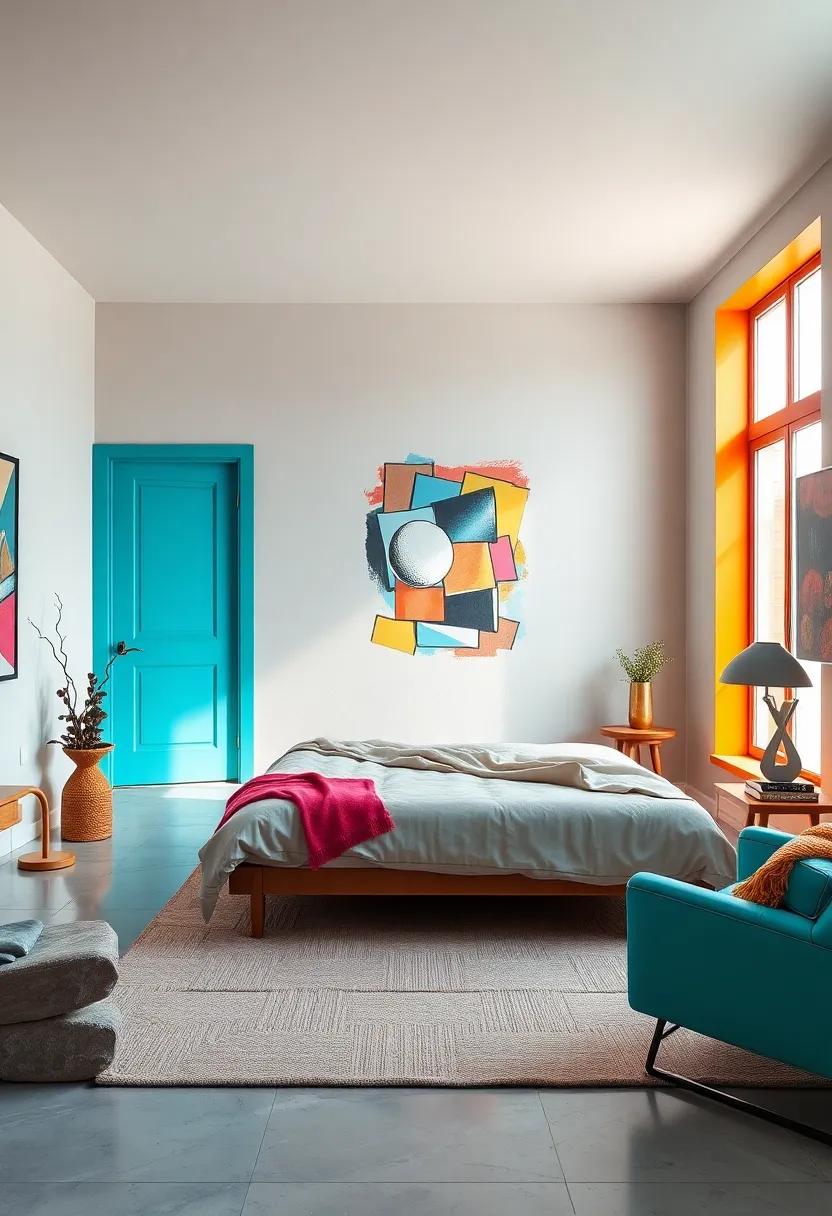 Vibrantly Painted Doors and Window Frames Serving as Artistic Elements in a Pop-Art Themed Room