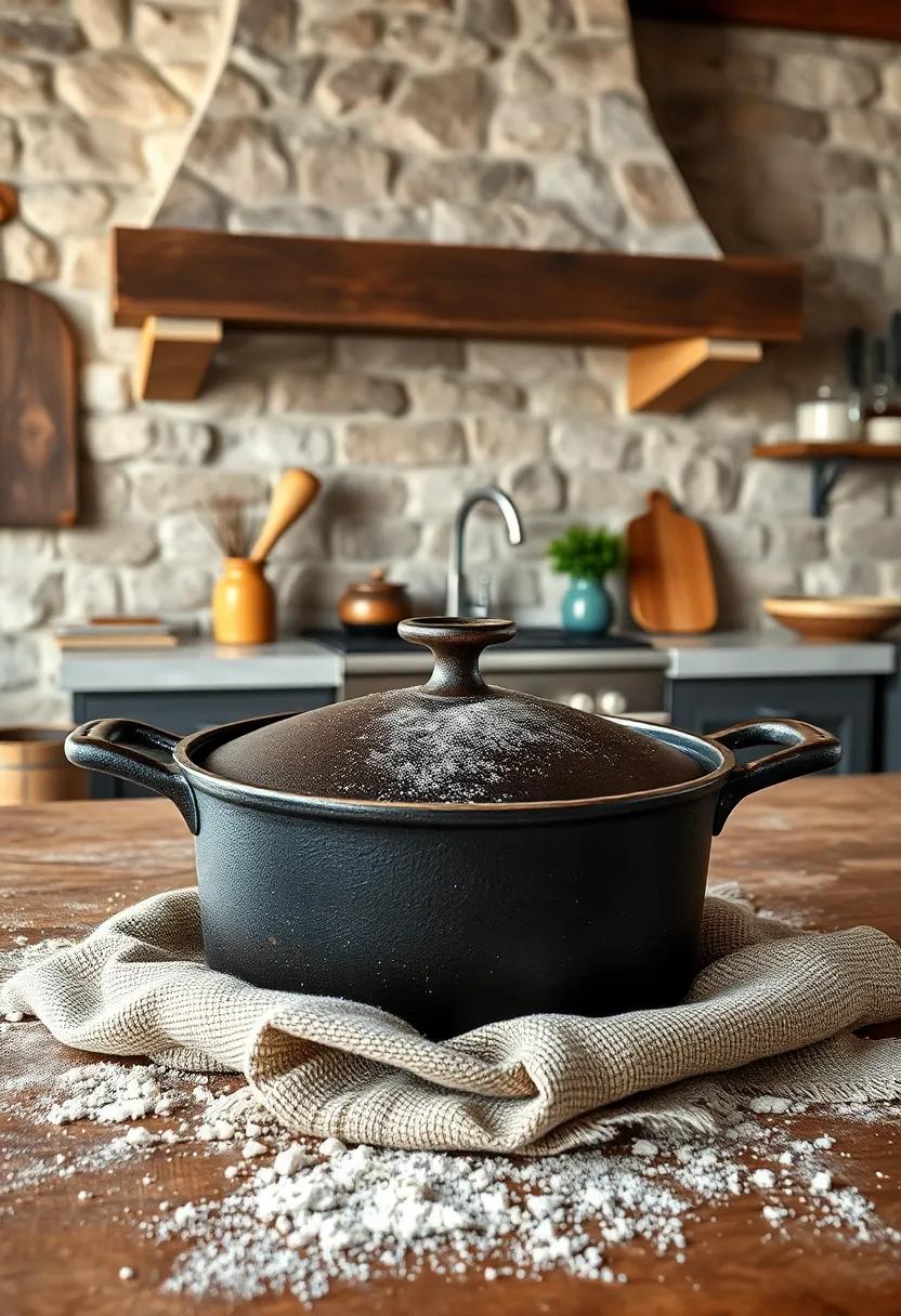Antique Cast Iron Skillet Cooker Displayed With Flour Dust and Rustic Textured Linen
