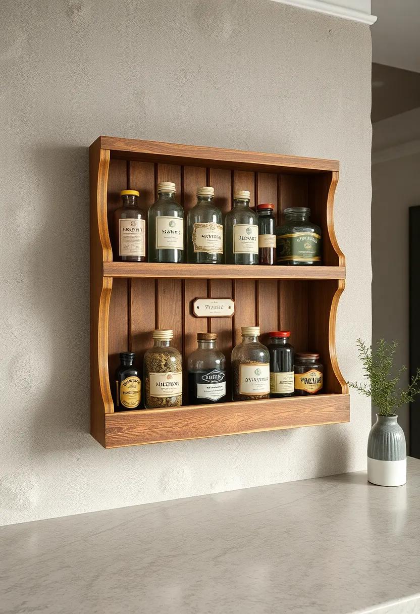 Antique Wooden Spice Rack Filled With Vintage Glass Bottles and Rustic Labels