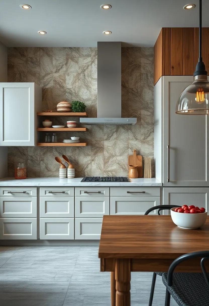 Delicately Painted Ceramic Tiles Celebrating Rustic Themes Embedded in Wooden Backsplash