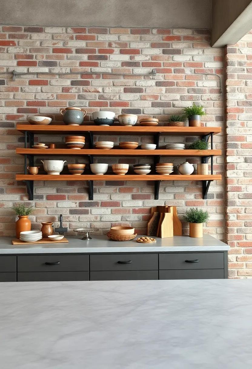 Handcrafted Earthenware Bowls Displayed on Open Shelving Against Aged Brick Walls