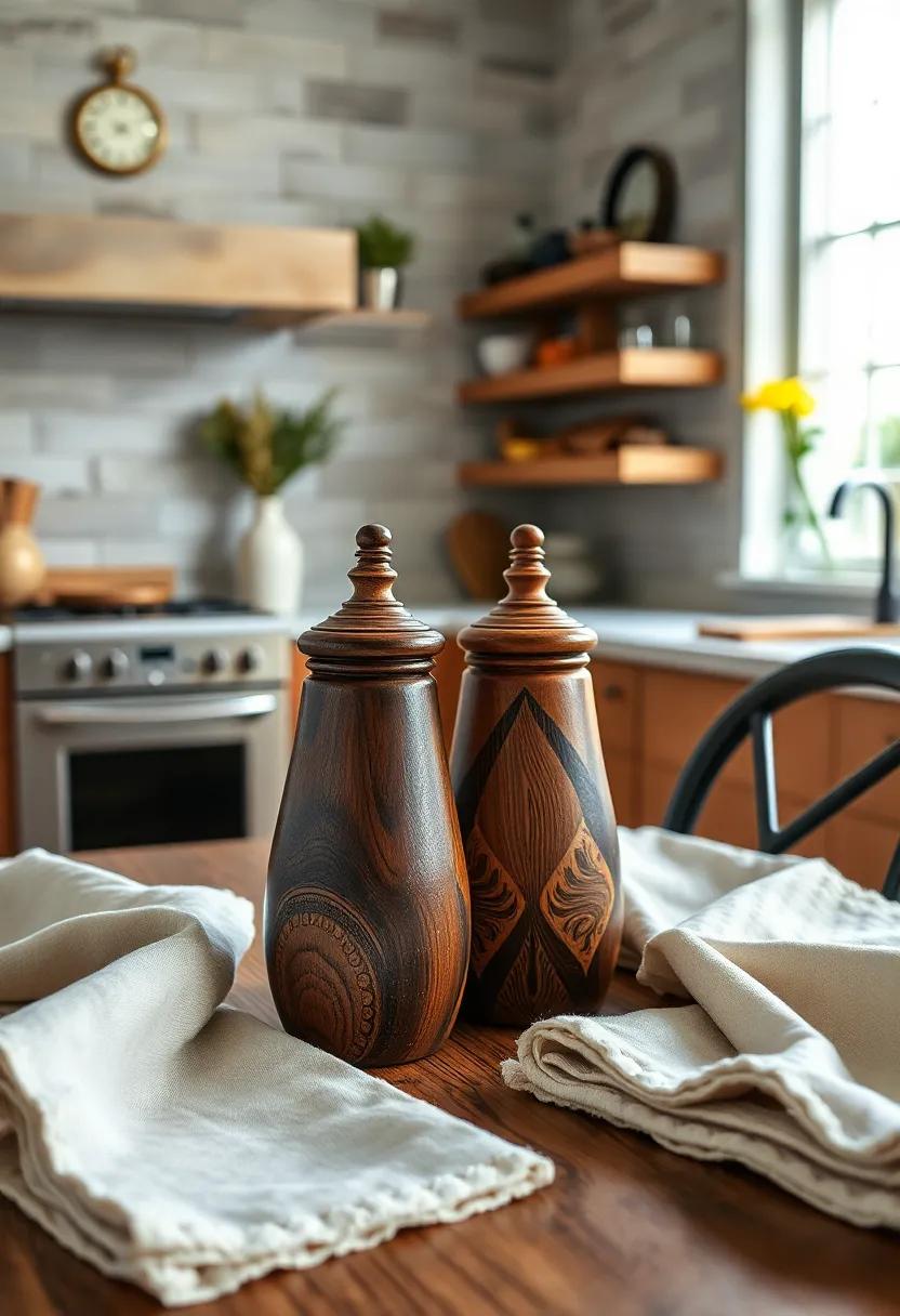 Intricately Carved Wooden Salt and Pepper Shakers Sitting Among Vintage Linen Napkins