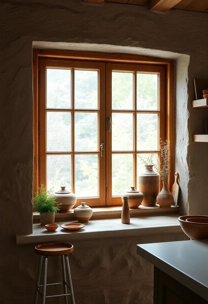 Old Farmhouse Window View Highlighting Hand Thrown Pottery and Rustic Wooden Sills