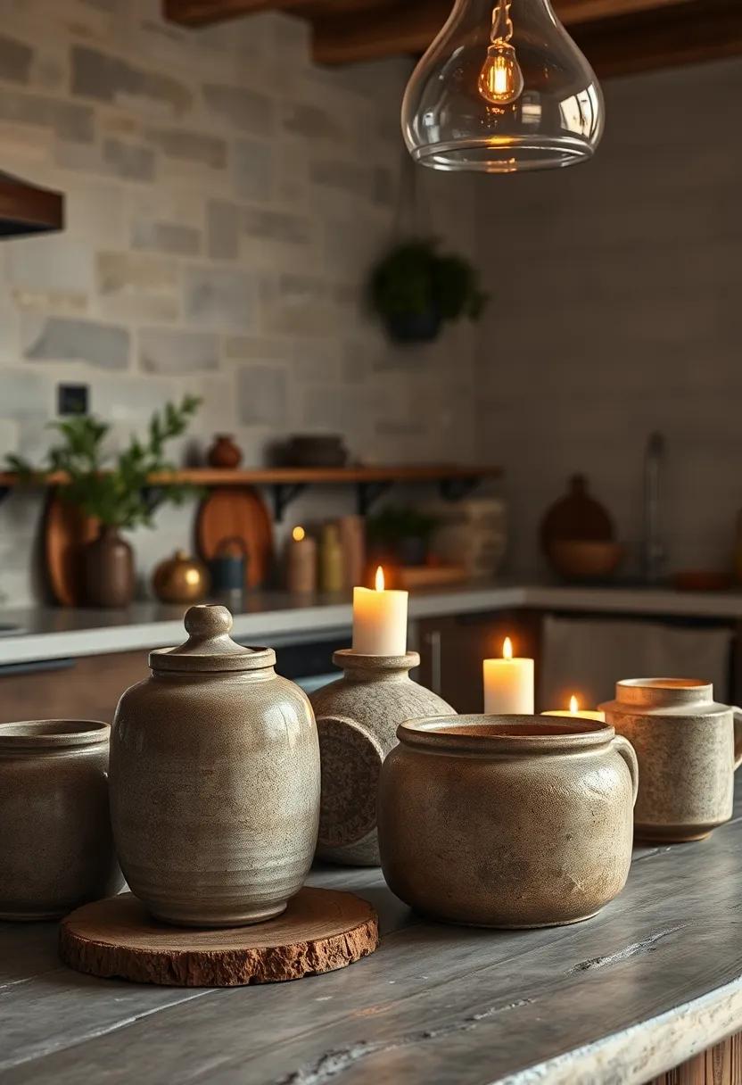 Rough-Texured Stoneware Toothsome With Glow of Flickering Candlelight on Distressed Timber