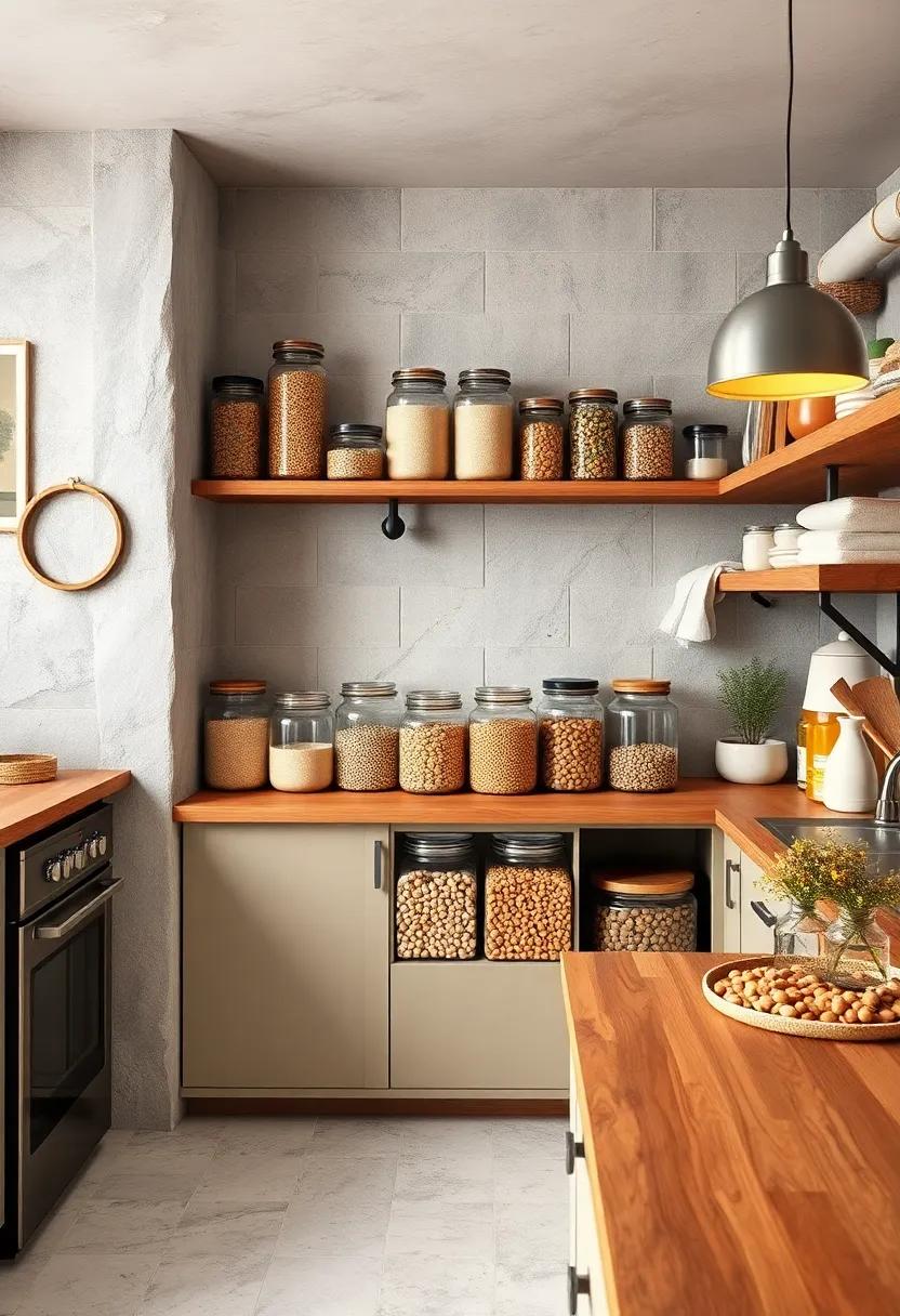 Rustic Kitchen Pantry Featuring Glass Jars of Bulk Grains and Dried Beans on Noisy Shelves