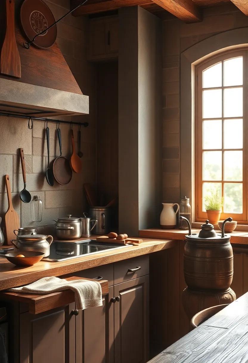 Soft Sunlight Streaming Through Paneled Windows Illuminating Old-World Kitchen Utensils