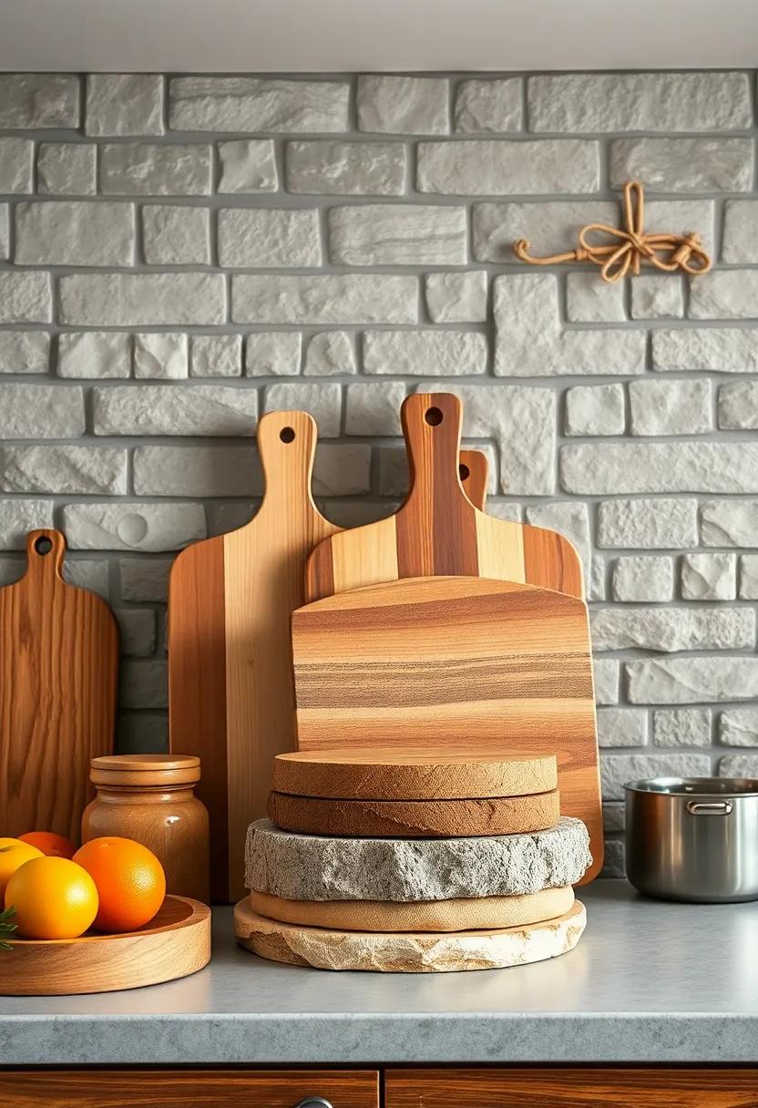 Stacked Handcrafted Wooden Cutting Boards of Various Textures Against Stone Backsplash