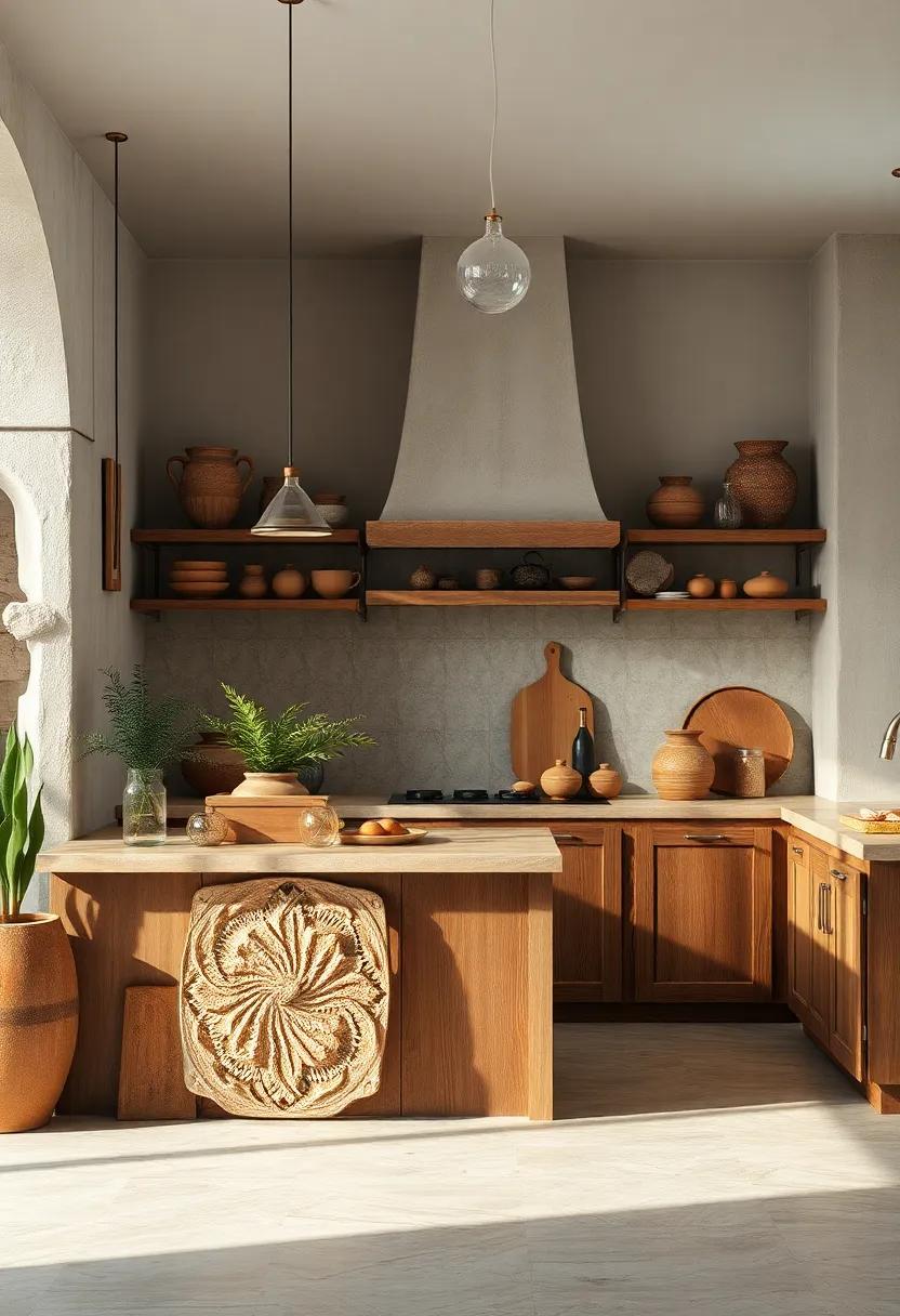 Subdued Earthy Tones Combining Clay Pottery and Rough Textured Wooden Cabinets