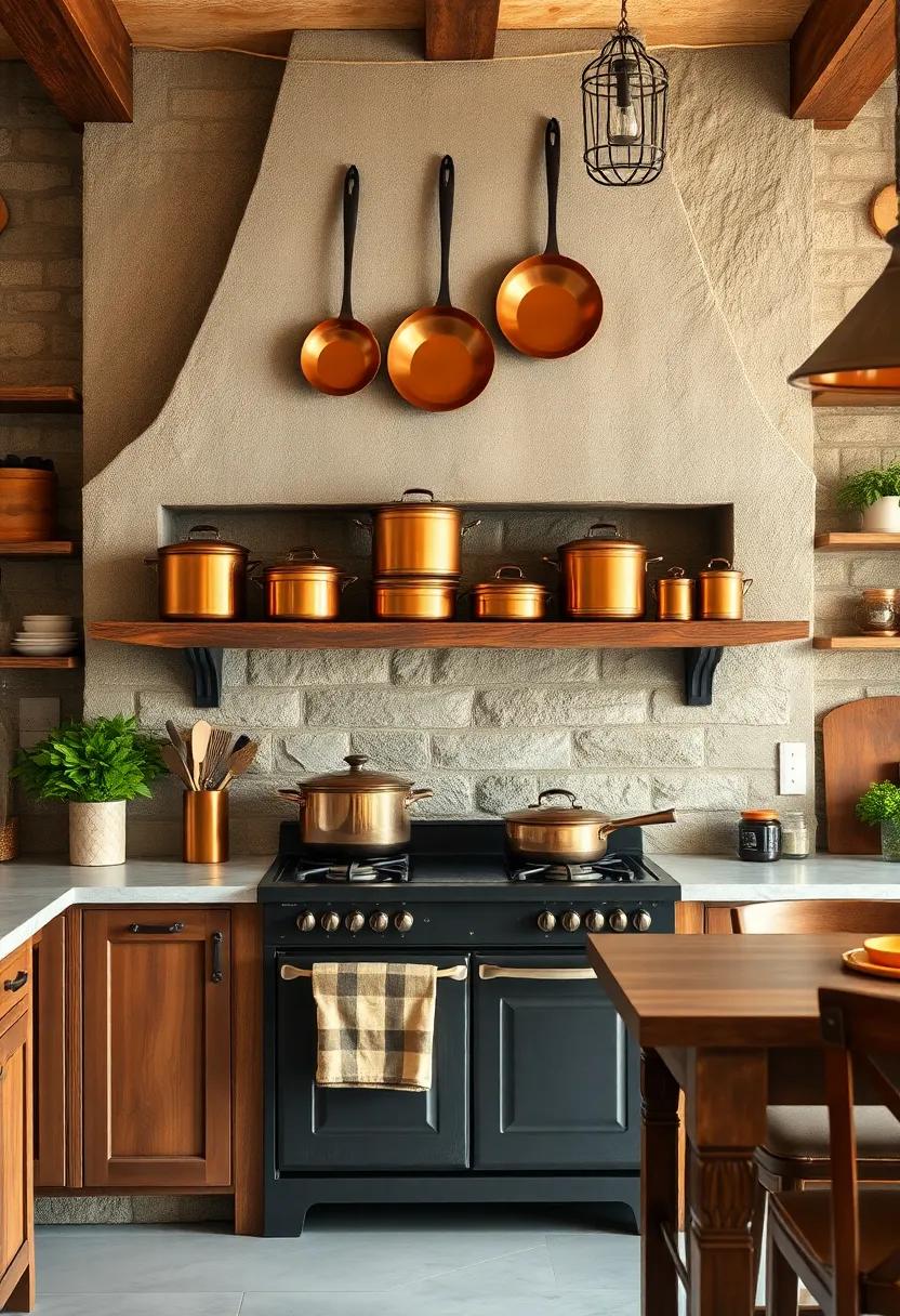 Vintage Copper Pots and Pans Arranged Elegantly Above a Stone Farmhouse Stove