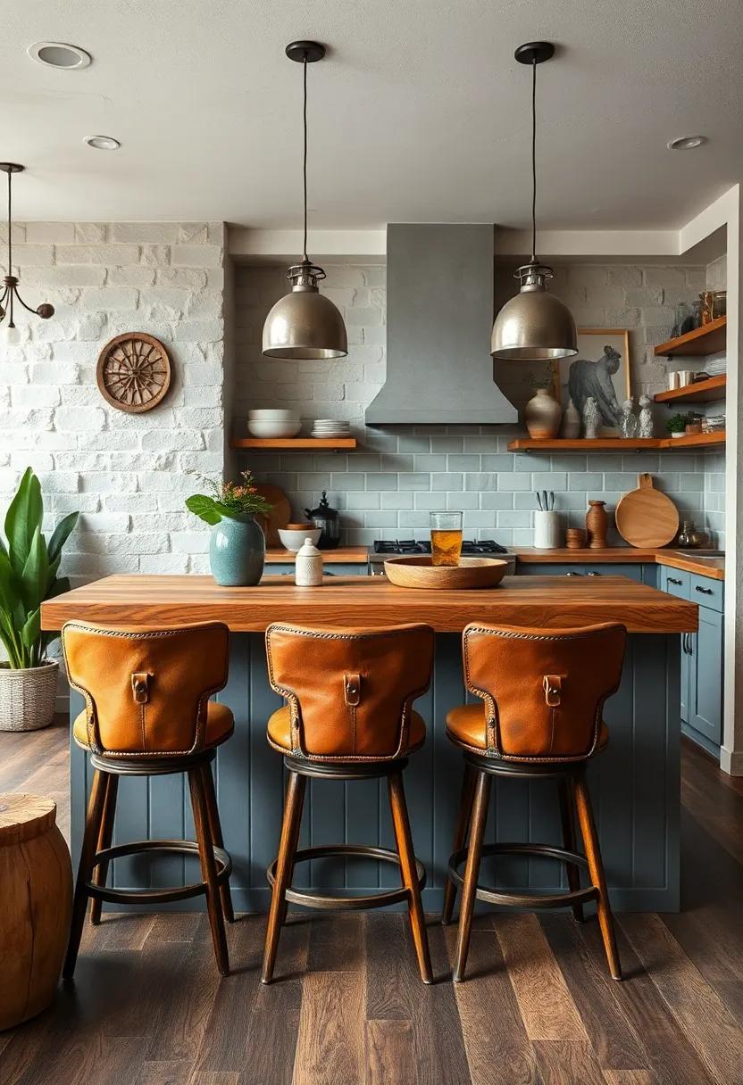 Worn Leather Bar Stools Positioned Around a Timeless Handmade Wooden Breakfast Counter