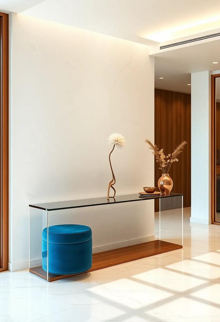 Contemporary Slim Console Tables Combining Acrylic and Wood to Create a Lightweight Illusion