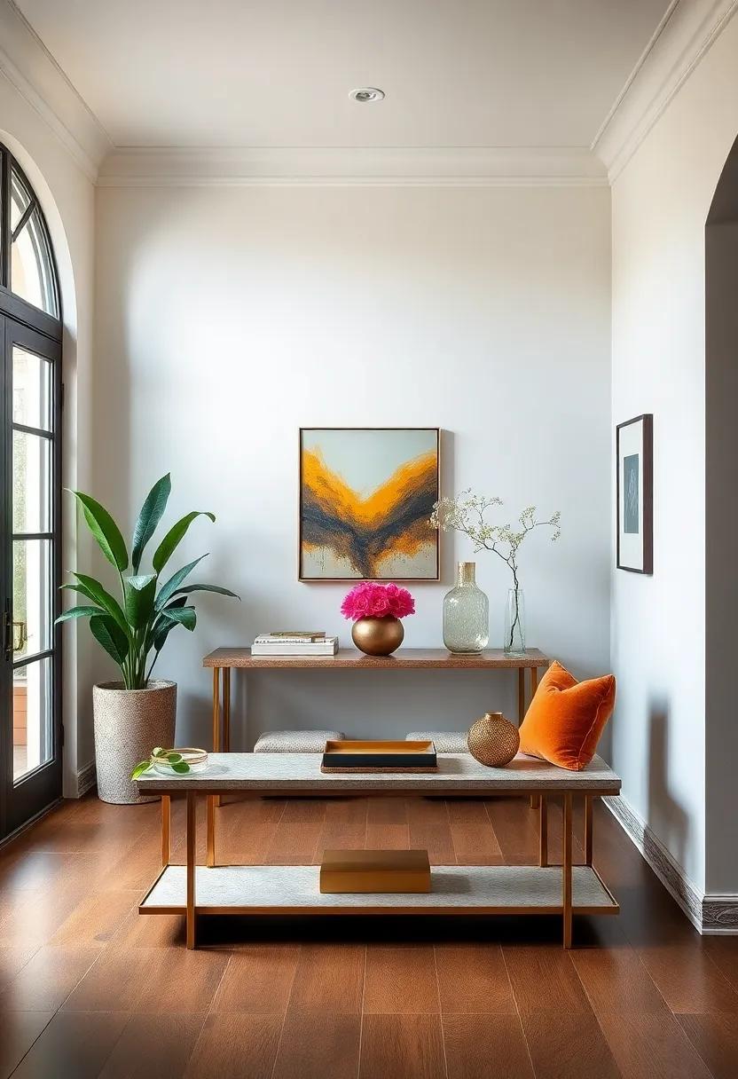 Slim Console Tables Highlighted by Brass Accents Adding a Touch of Luxury and Timelessness