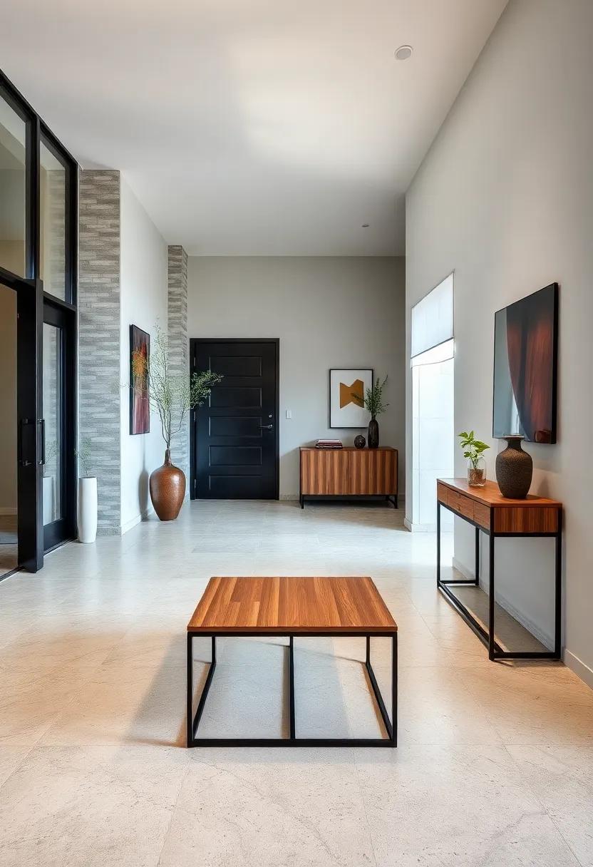 Tables Featuring Elegant Slatted Wood Panels for Texture Contrast in Minimalist Entryway Designs