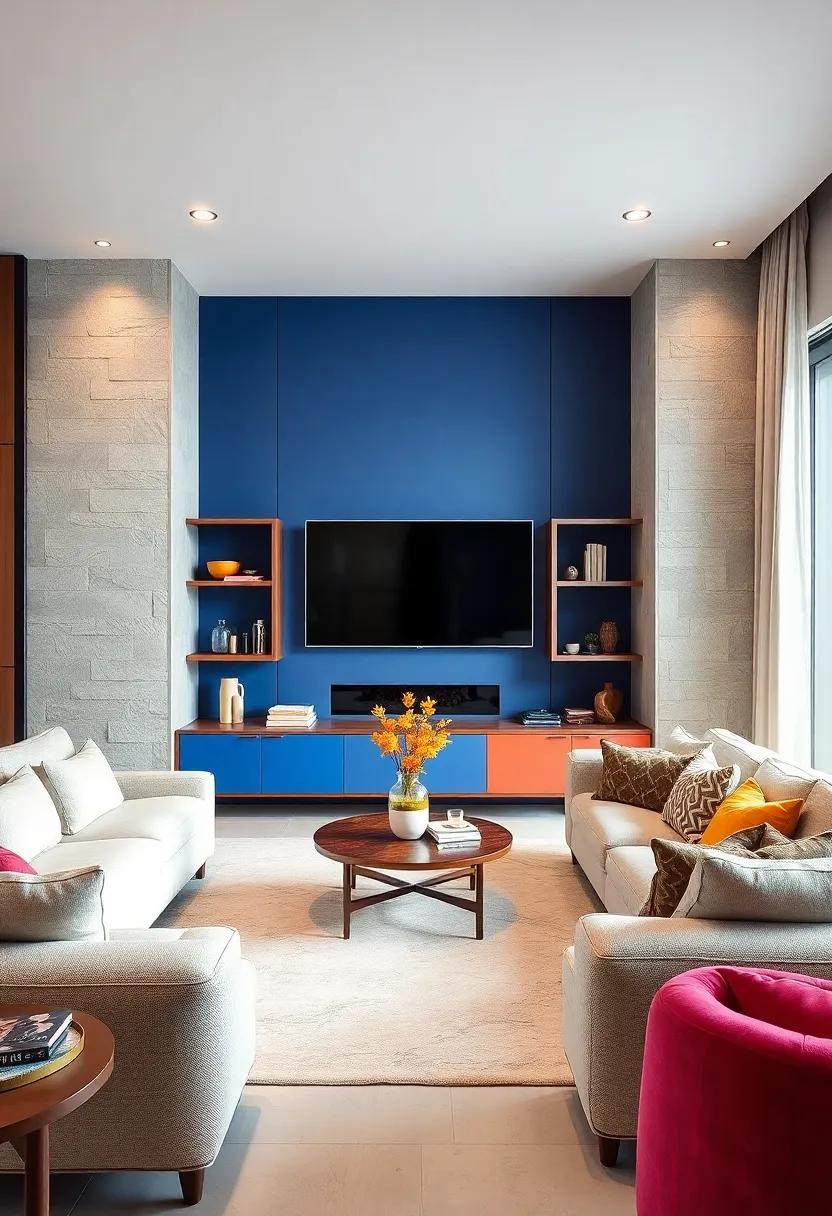 Creating a Statement Wall Using Oversized Wall Units with Bold Colors and Dramatic Shapes