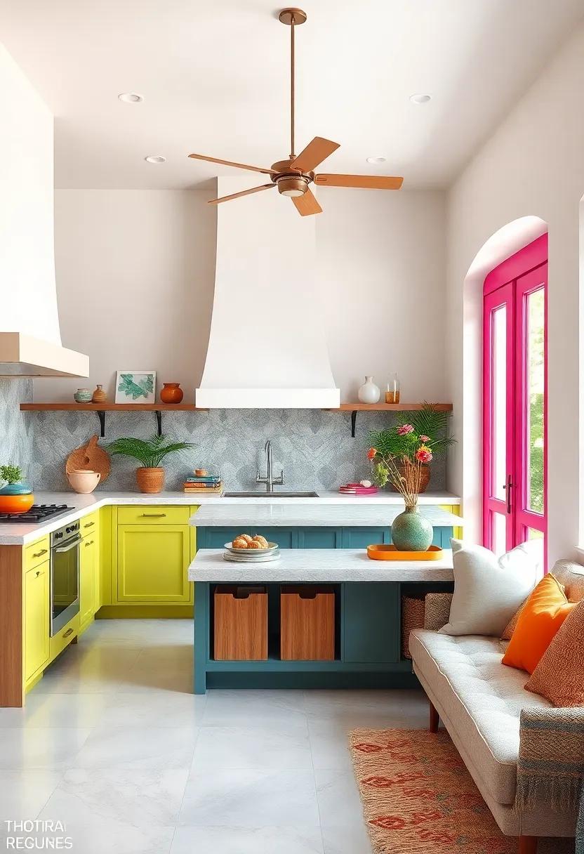 Brightly Painted Doors and Window Frames Adding Unexpected Pops in Tropical Kitchen Designs