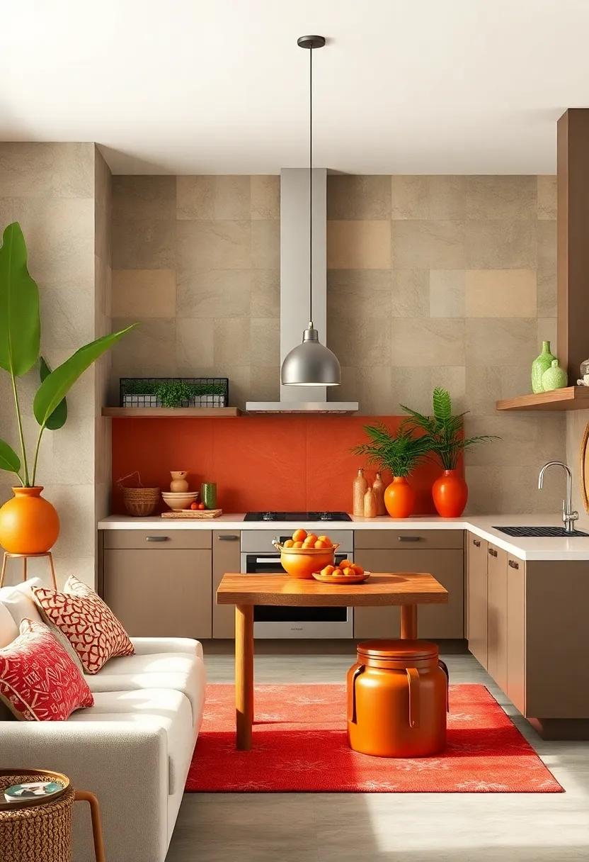 Cheerful Red and Orange Accents Bringing Energetic Warmth to Relaxed Tropical Kitchen Designs