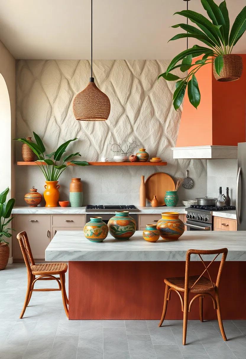 Hand-Painted Ceramic Pottery in Cheerful Tones as Focal Points in Tropical Cooking Areas