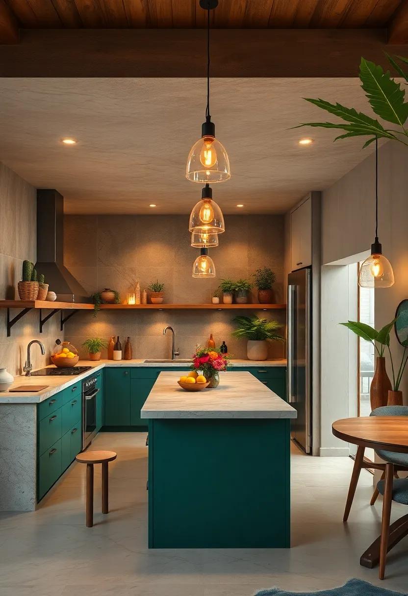 Layered Lighting Fixtures Casting Warm Glows Over Tropical Color Schemes and Natural Materials