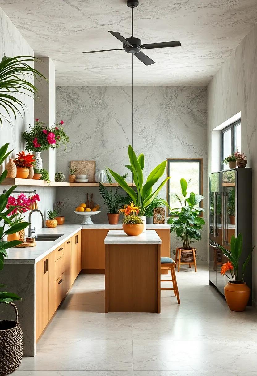 Lush Greenery and Vibrant Floral Accents Breathing Life Into Tropical Kitchen Spaces