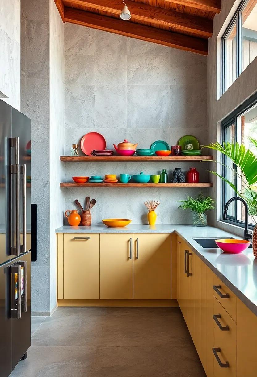 Open Shelving Styled with Colorful Dishware and Tropical-Inspired Decor for Visual Impact